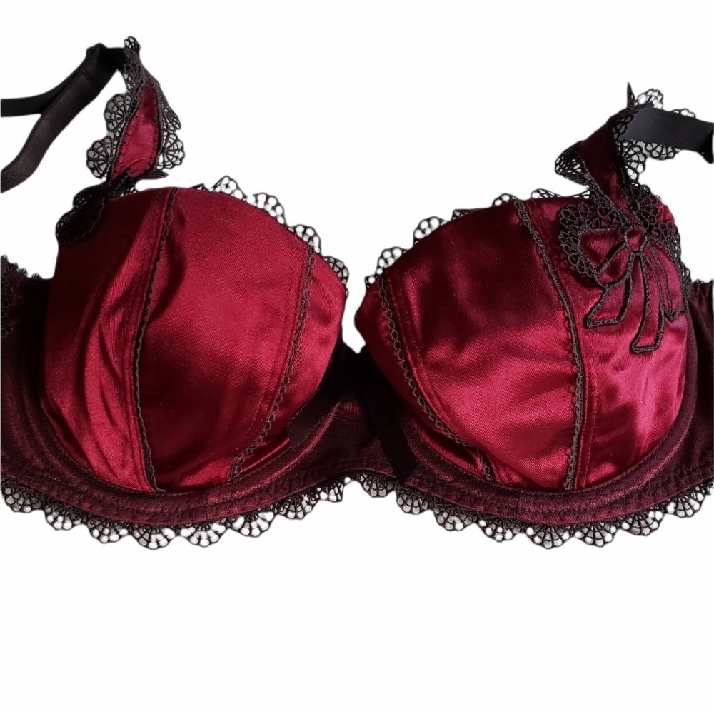 Lace-Trim Satin Underwire Bra in Burgundy